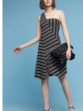 Maeve Anthropologie Moka Black White Stripe Dress Small New One Shoulder Lined